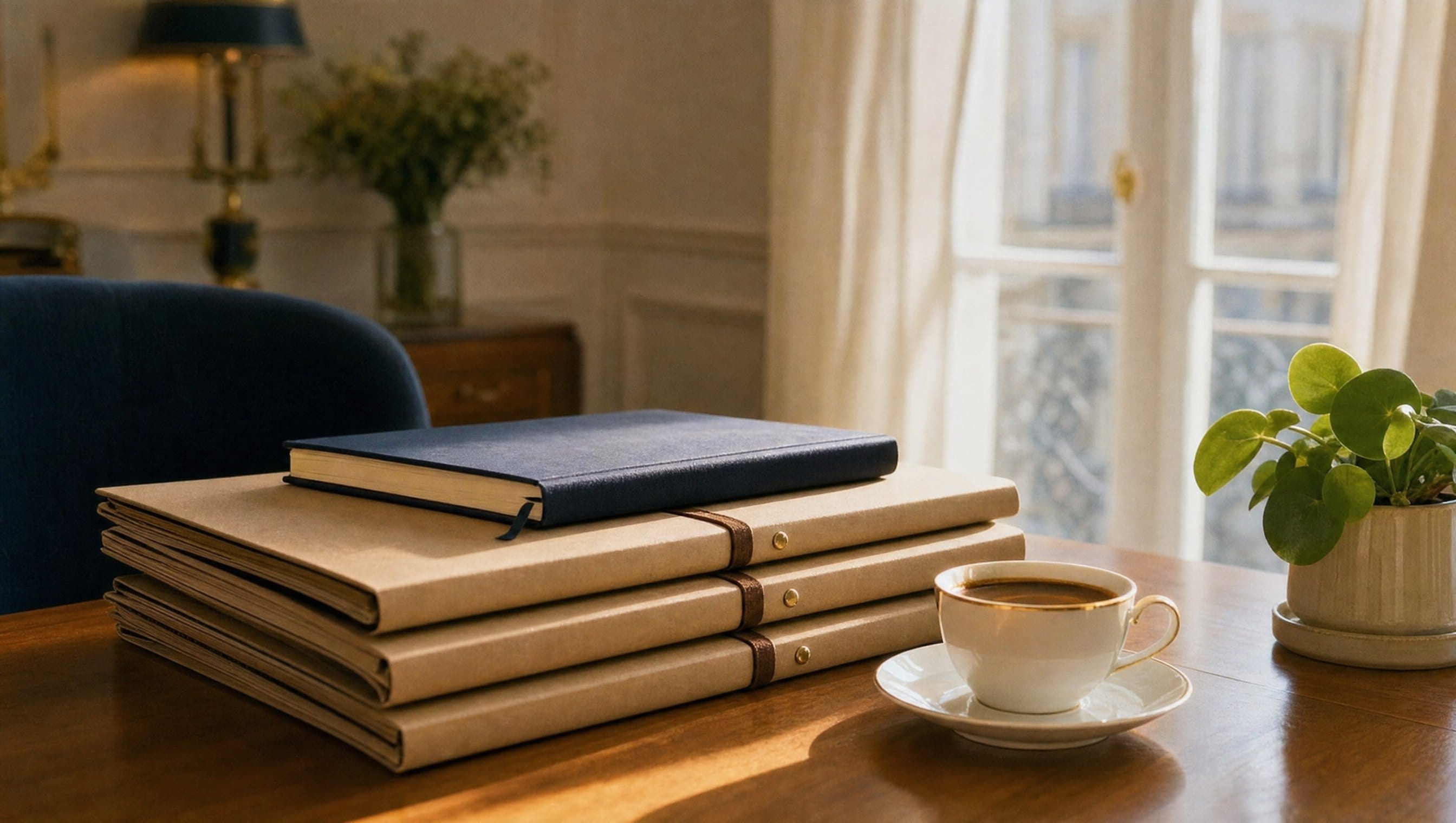 Bureau de dirigeant de TPE : dossiers, carnet et tasse de café dans la lumière du matin