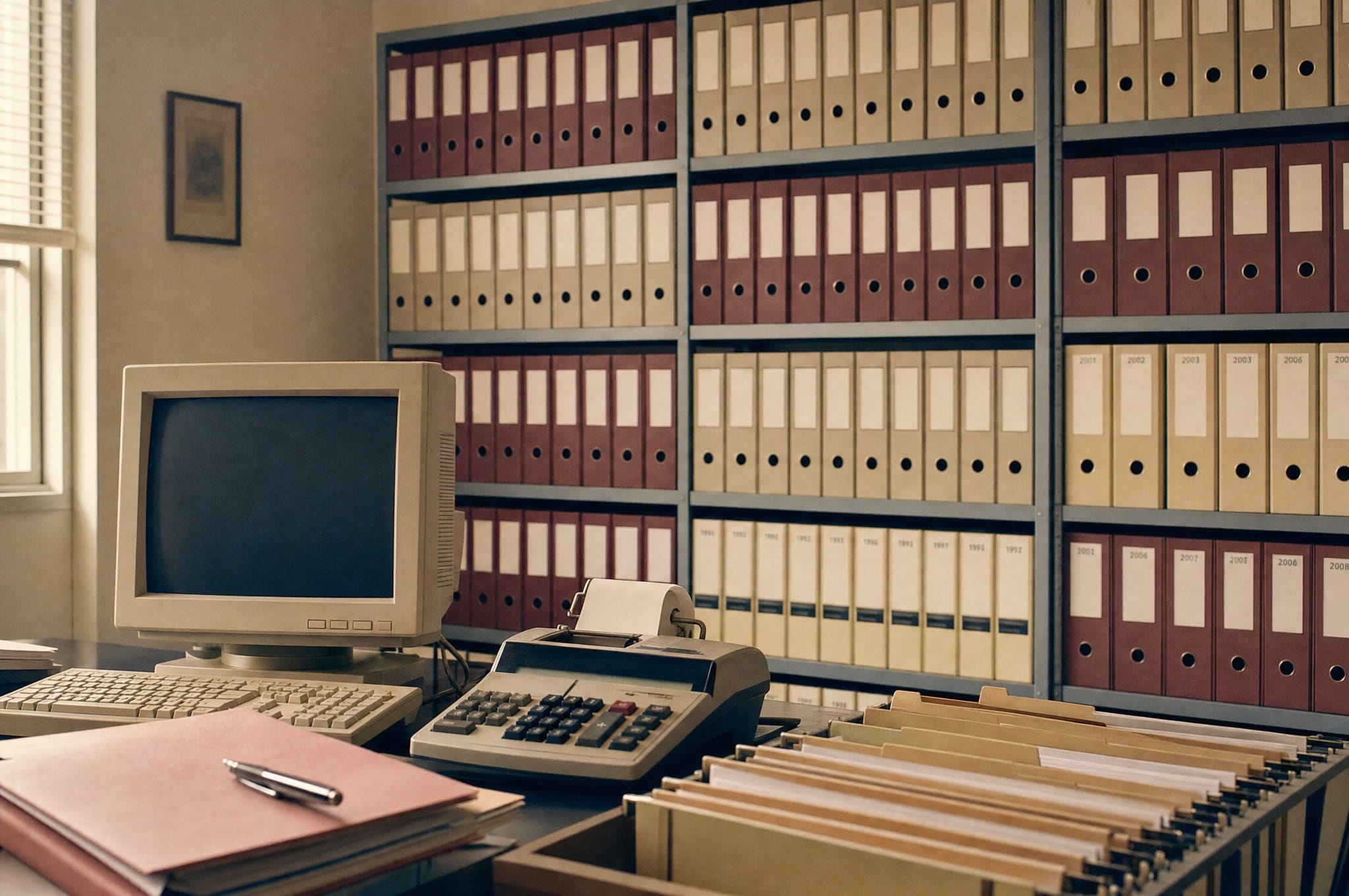 Poste comptable des années 1990 : écran cathodique, calculatrice à imprimante et mur de classeurs
