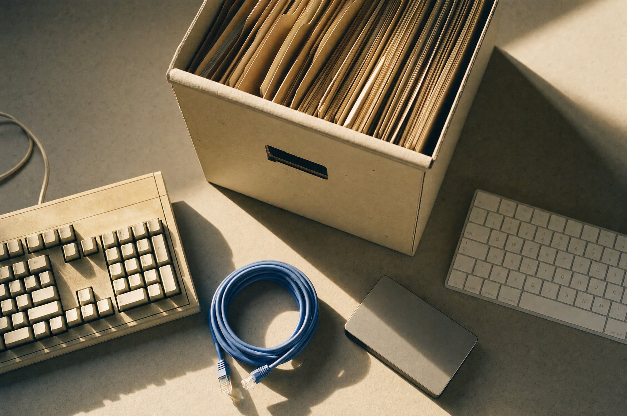 Boîte d'archives, clavier d'ancienne génération et clavier moderne : la transition d'un système à l'autre