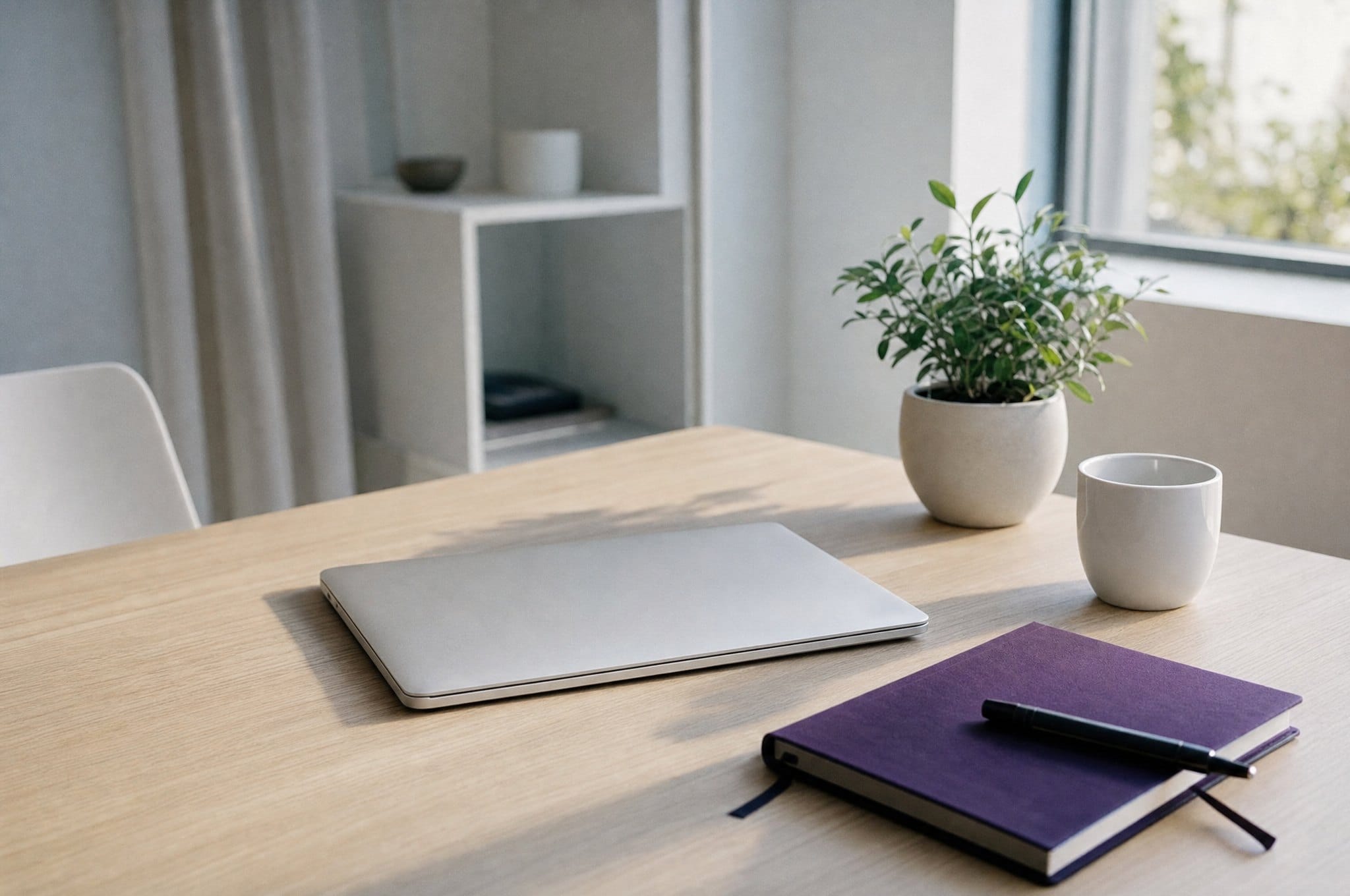 Espace de travail moderne et épuré : ordinateur portable fermé, carnet et plante verte