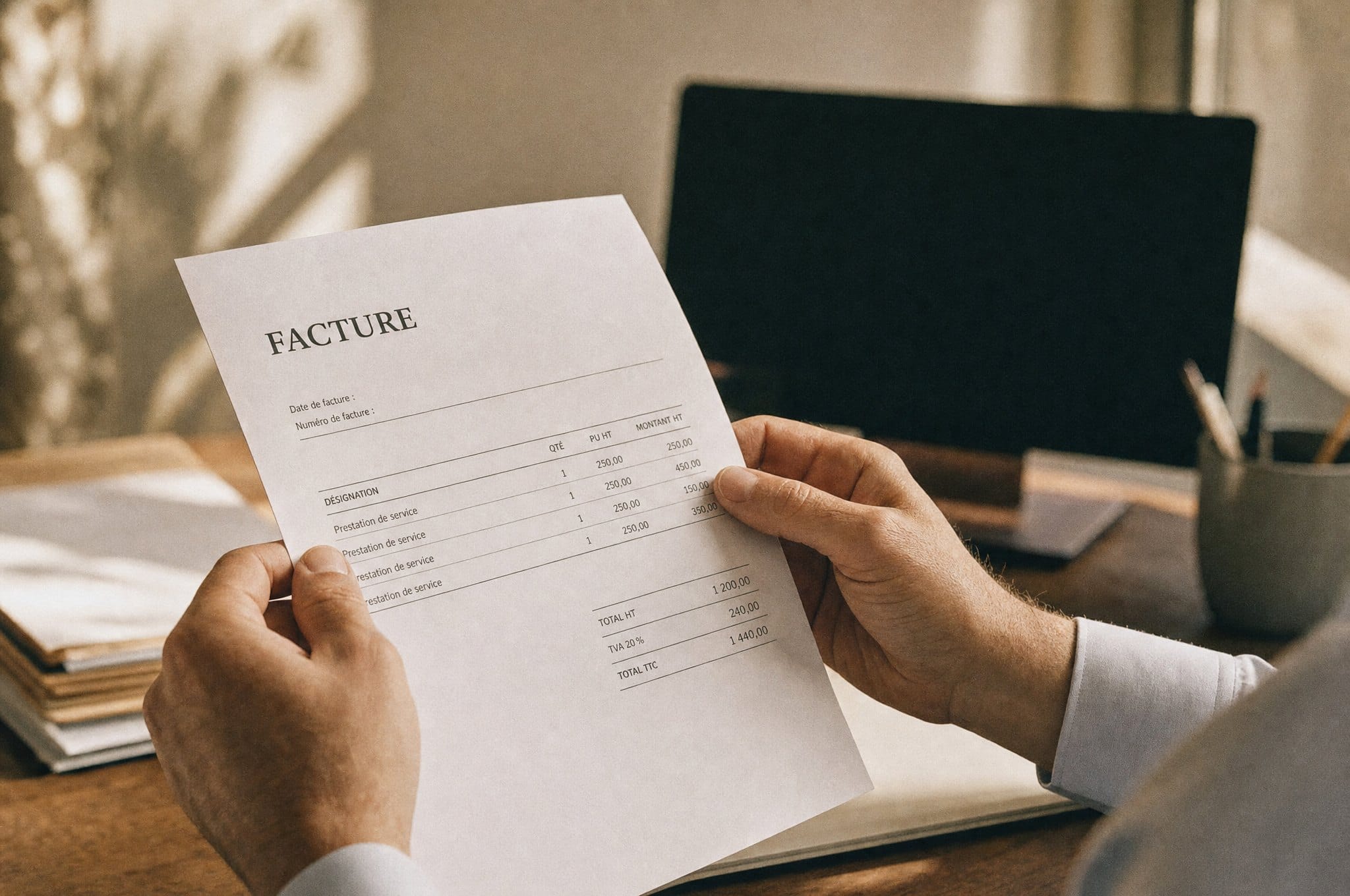 Facture papier tenue en main devant un écran éteint, symbole du passage au numérique